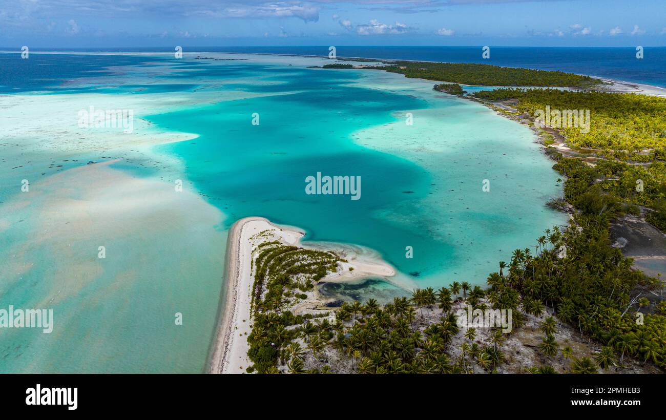 Aerial of the green lagoon, Fakarava, Tuamotu archipelago, French