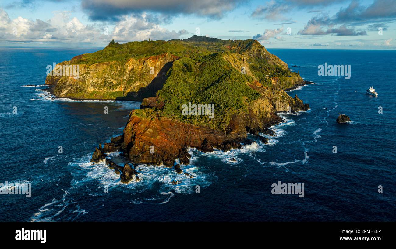 Aerial of Pitcairn island with St. Pauls Pool, British Overseas