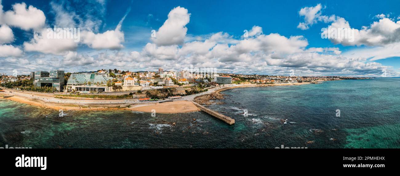 Aerial drone panoramic view of promenade in Cascais, on the Portuguese Riveira 30km west of Lisbon, with Estoril visible on the far right Stock Photo