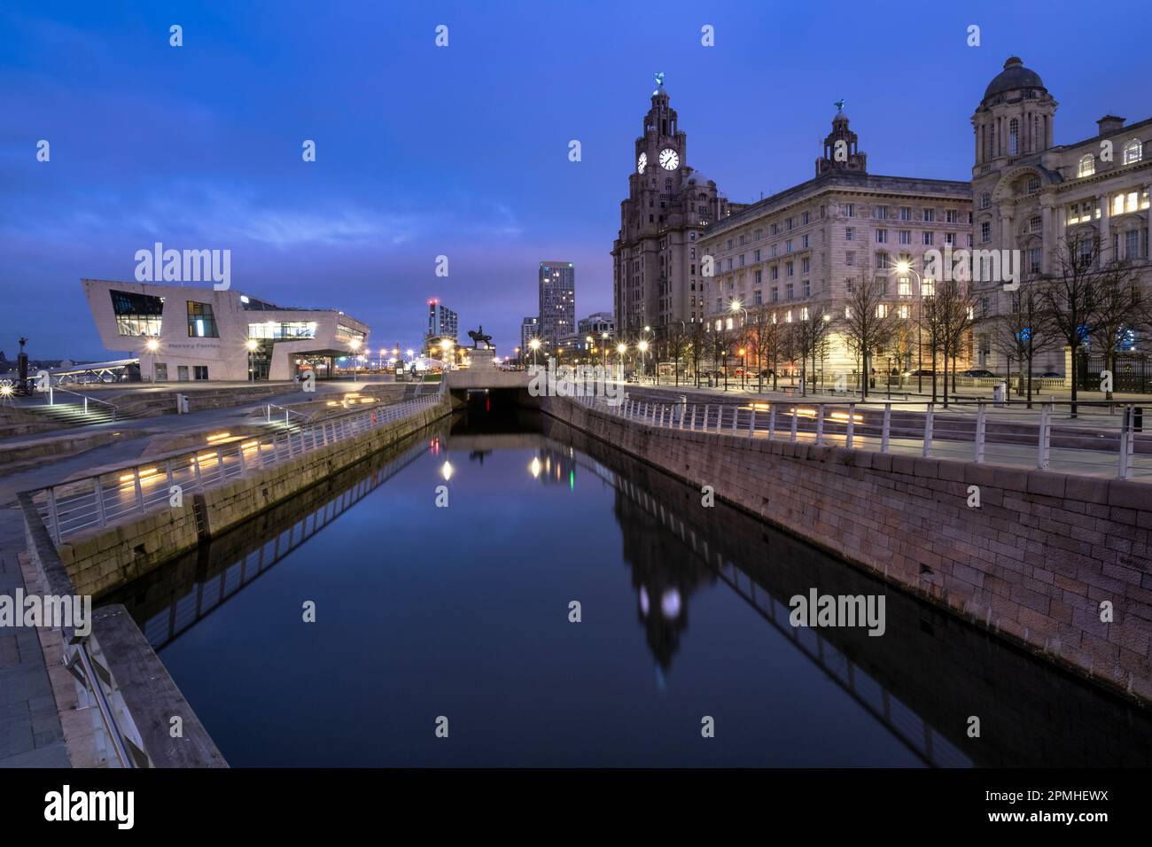 The Pier Head at dawn, Liverpool Waterfront, Liverpool, Merseyside, England, United Kingdom, Europe Stock Photo