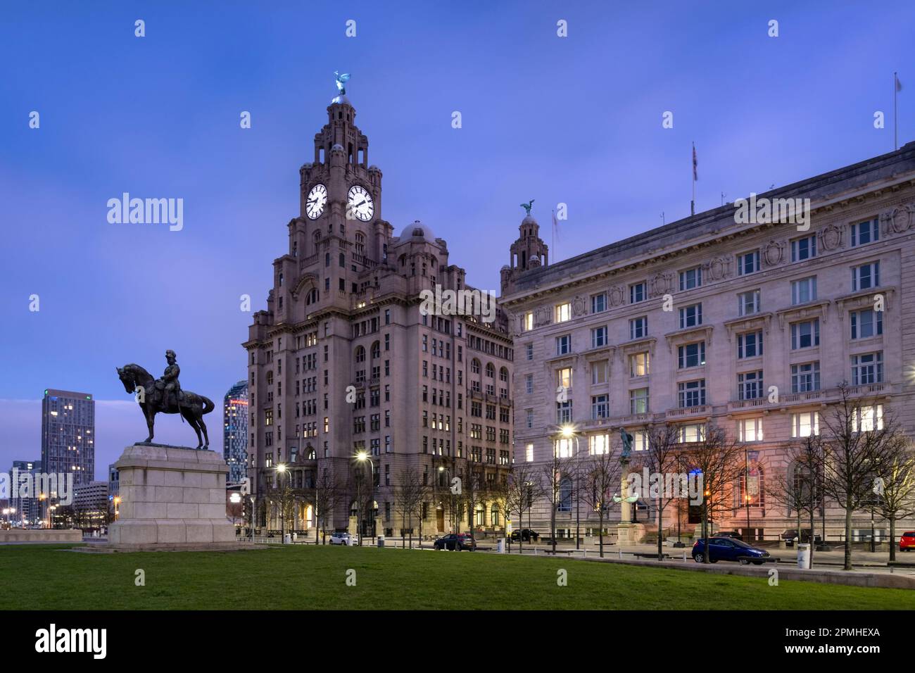The Liver Building and Pier Head at night, Liverpool Waterfront, Liverpool, Merseyside, England, United Kingdom, Europe Stock Photo