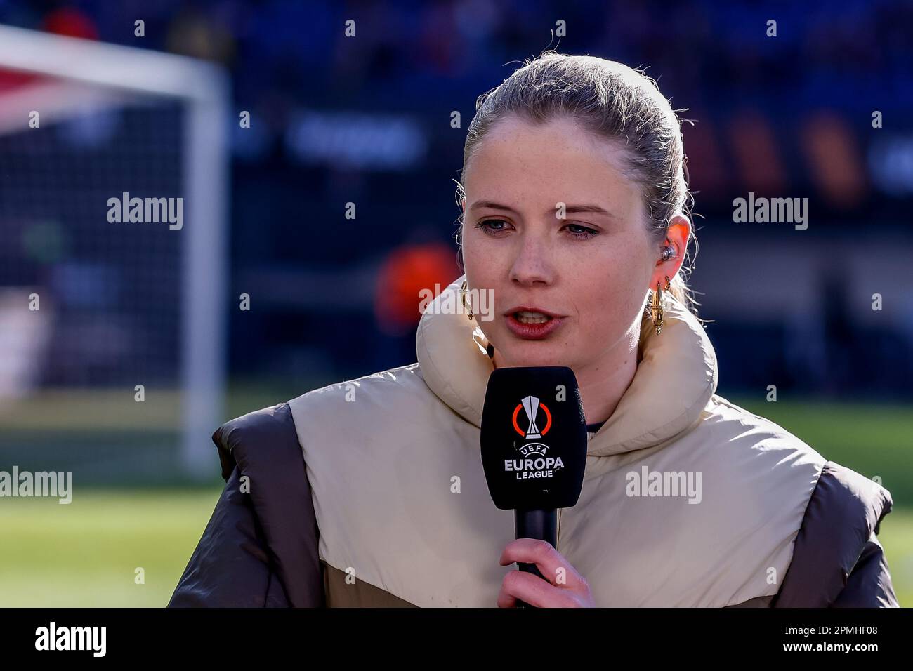 Stadion Feijenoord, Netherlands. 13th Apr, 2023. STADION FEIJENOORD, NETHERLANDS - APRIL 13: Noa Vahle presenter of RTL 7 after the Quarterfinal First Leg - UEFA Europa League match between Feyenoord and AS Roma at the Rotterdam on April 13, 2023 in Stadion Feijenoord, Netherlands (Photo by Marcel ter Bals/Orange Pictures) Credit: Orange Pics BV/Alamy Live News Stock Photo