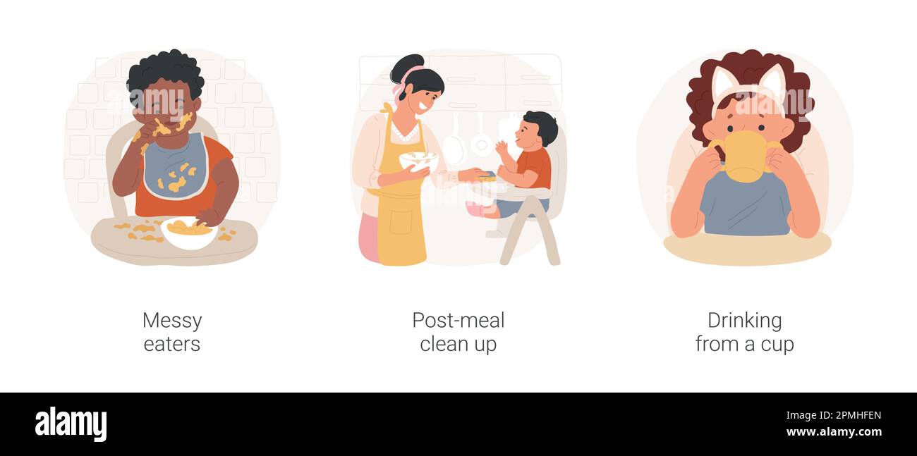 Child eating lunch isolated cartoon vector illustration set. Messy