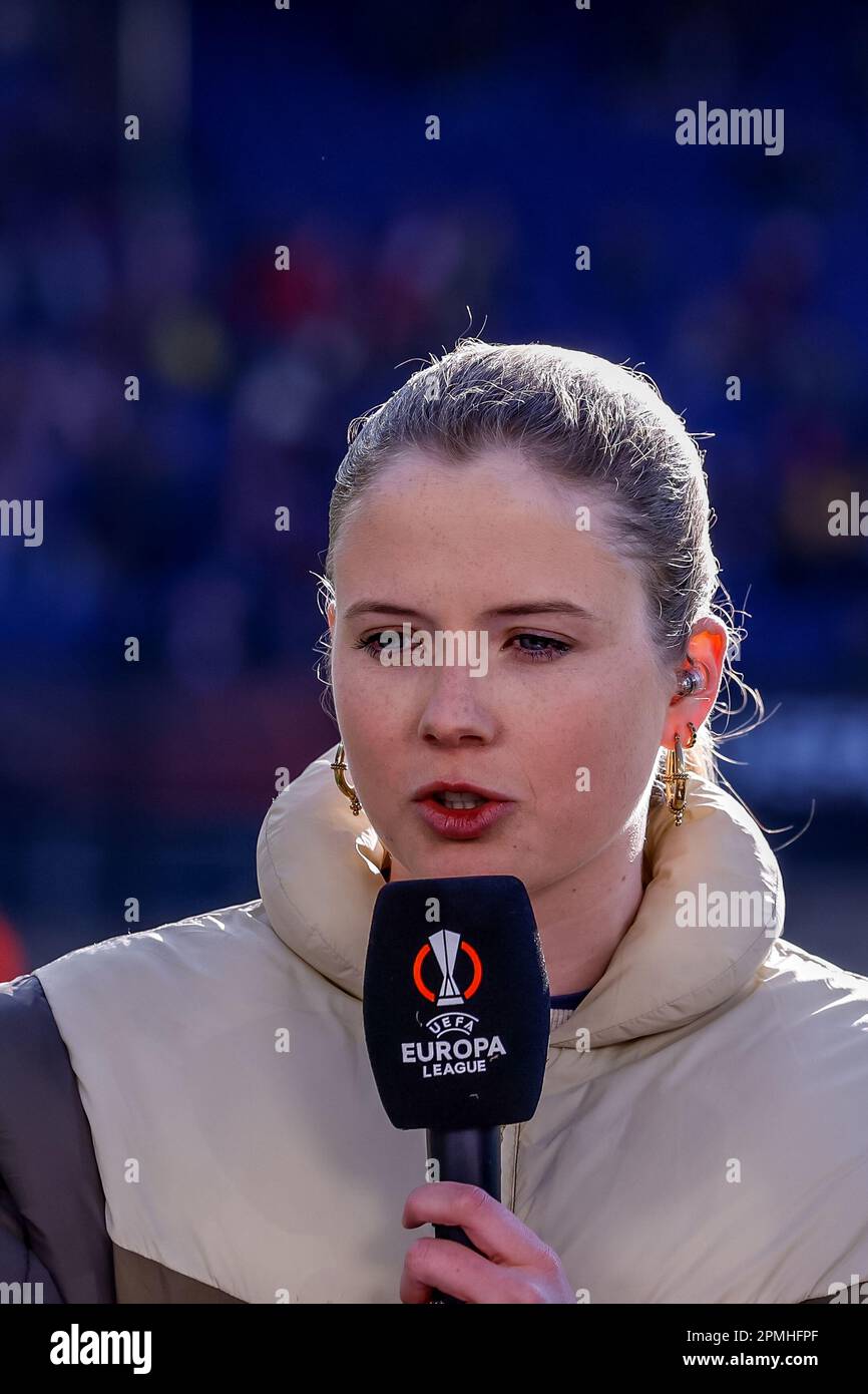 Stadion Feijenoord, Netherlands. 13th Apr, 2023. STADION FEIJENOORD, NETHERLANDS - APRIL 13: Noa Vahle presenter of RTL 7 after the Quarterfinal First Leg - UEFA Europa League match between Feyenoord and AS Roma at the Rotterdam on April 13, 2023 in Stadion Feijenoord, Netherlands (Photo by Marcel ter Bals/Orange Pictures) Credit: Orange Pics BV/Alamy Live News Stock Photo