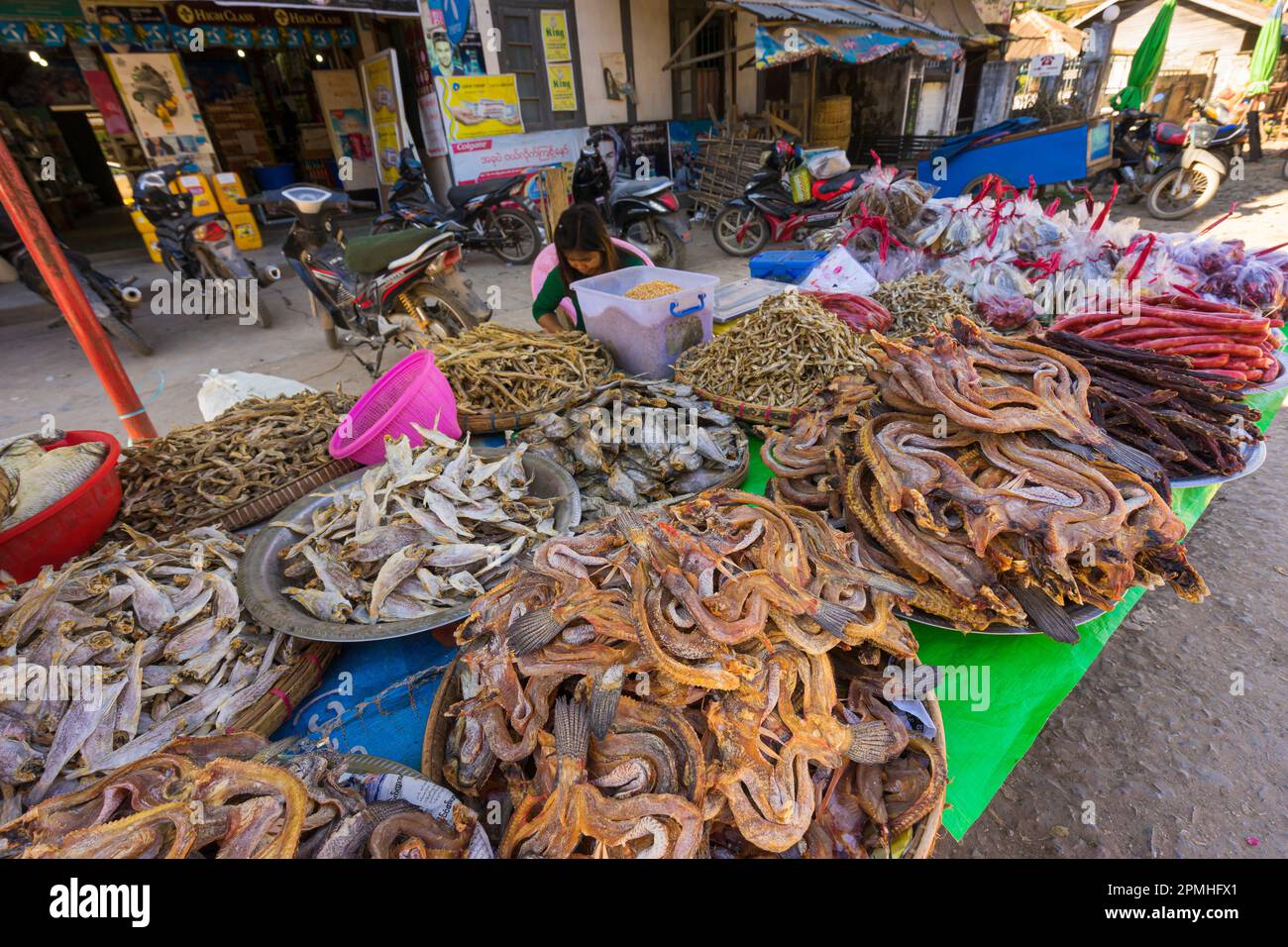 Dried fish at market, Hsipaw, Shan State, Myanmar (Burma), Asia Stock Photo