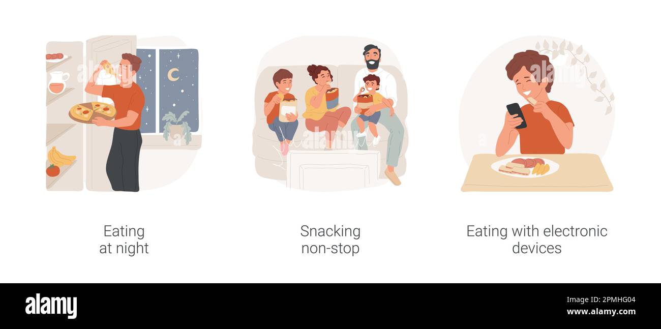 Unhealthy eating isolated cartoon vector illustration set. Eating at