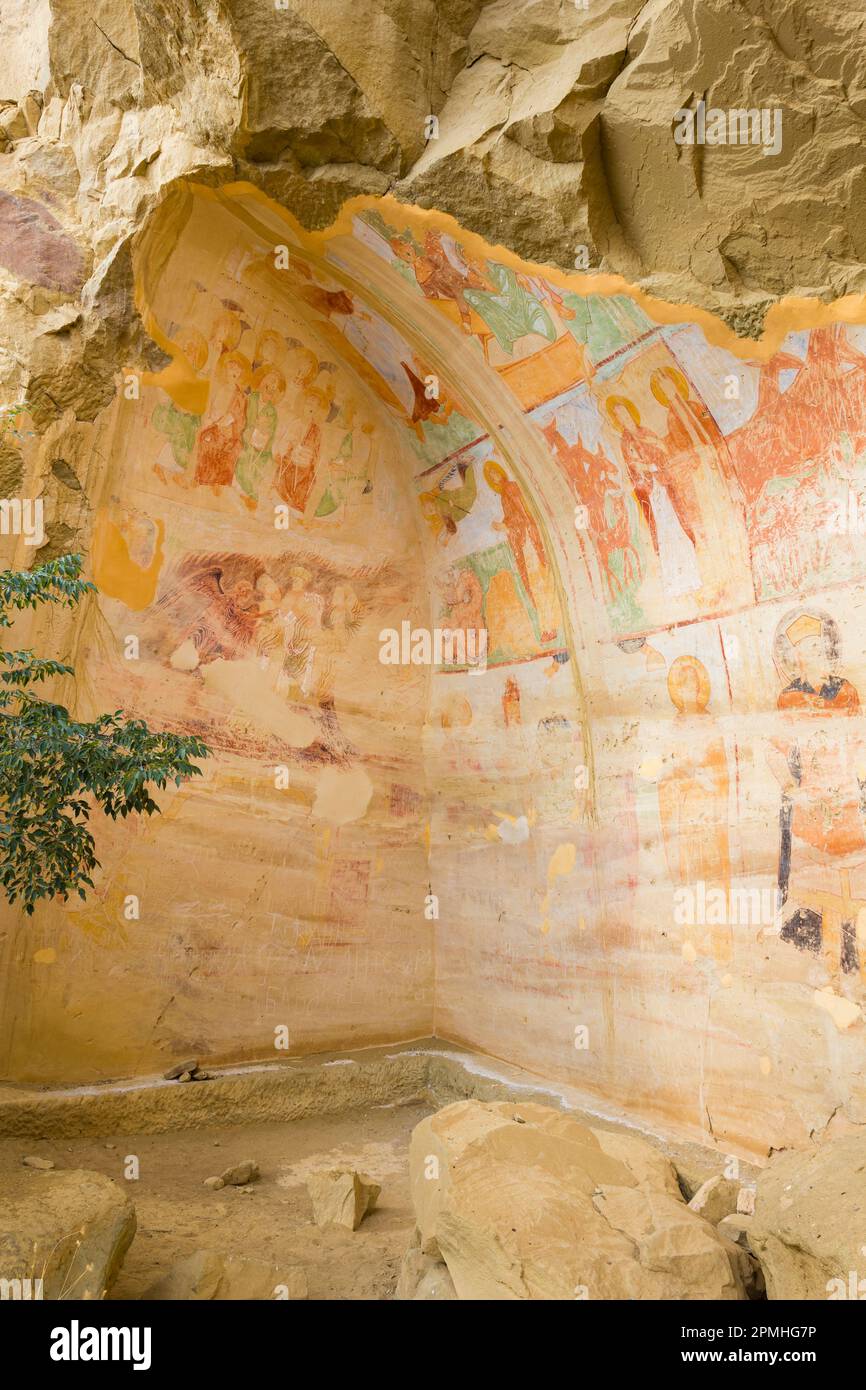 Medieval frescos on wall, David Gareja Monastery complex, Sagarejo Municipality, Kakhetia, Georgia, Central Asia, Asia Stock Photo