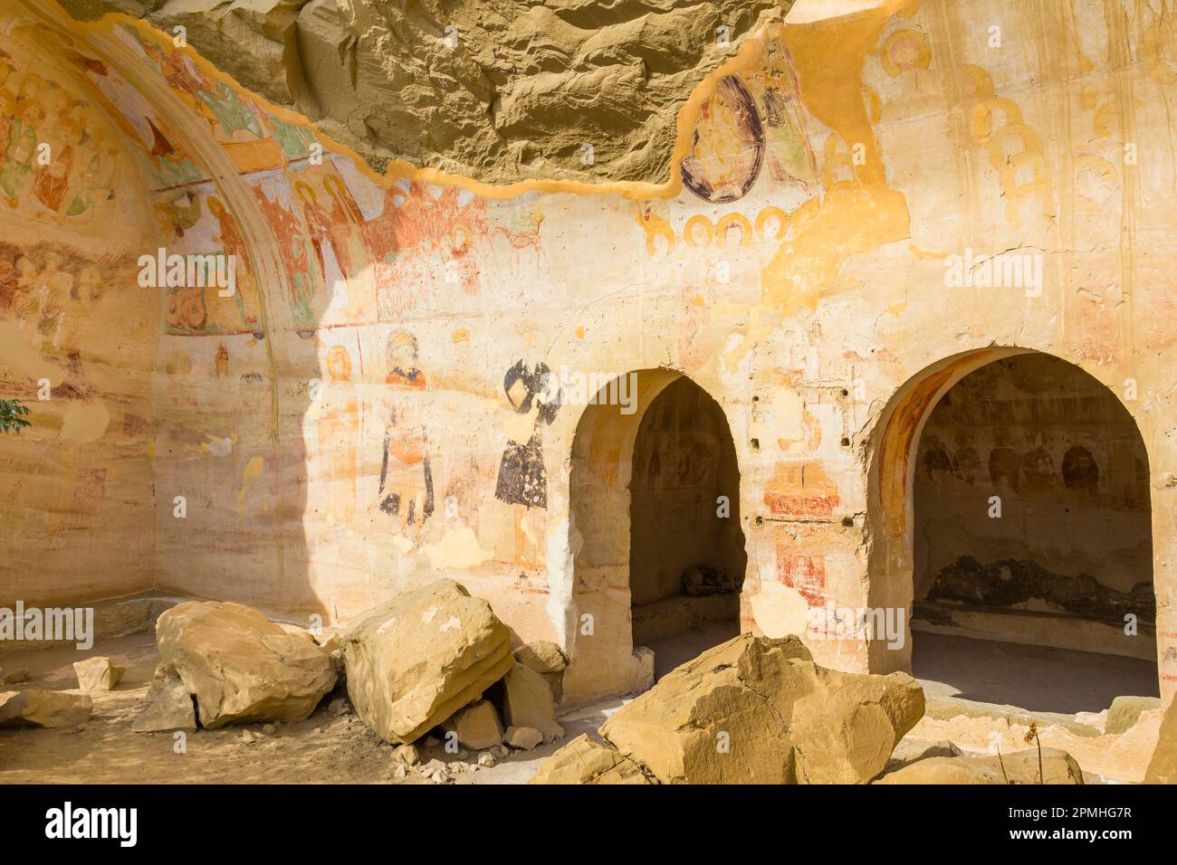 Medieval frescoes on wall, David Gareja Monastery complex, Sagarejo Municipality, Kakhetia, Georgia, Central Asia, Asia Stock Photo