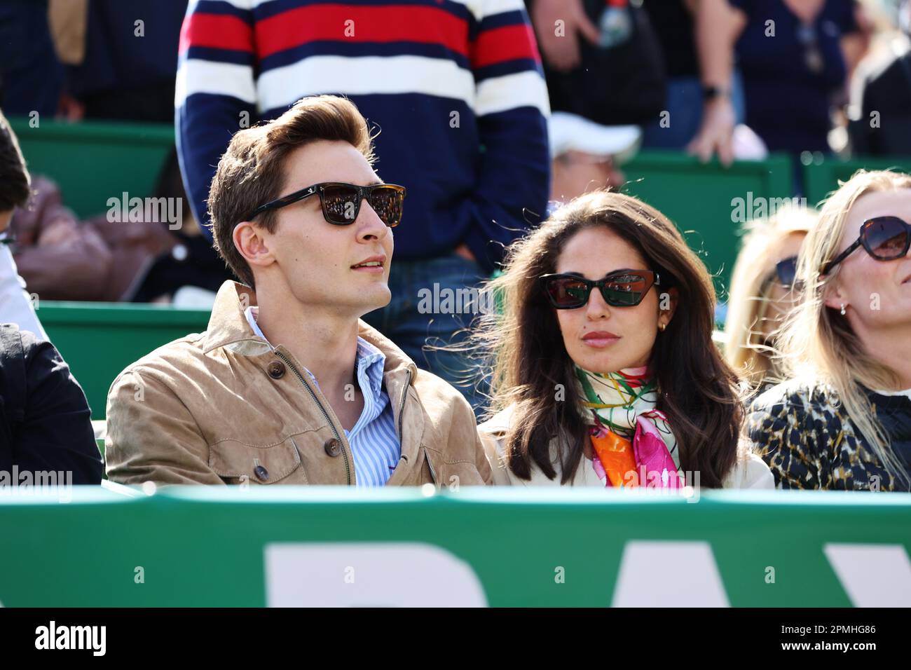 Monaco, Monaco. 13th Apr, 2023. MONACO, Monte Carlo 11. April :George Russell, Formula One pilot of team Mercedes GP and friend Carmen Montero Mundt seen at the Masters 1000 of Monte Carlo April 11 2023. Photo & copyright Thierry CARPICO/ATP images (CARPICO Thierry/ATP/SPP) Credit: SPP Sport Press Photo. /Alamy Live News Stock Photo