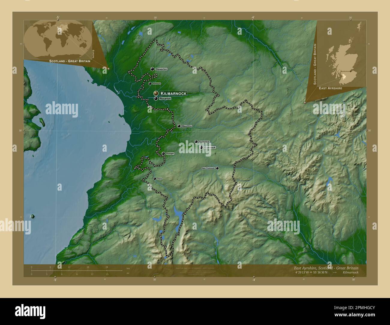 East Ayrshire, region of Scotland Great Britain. Colored elevation