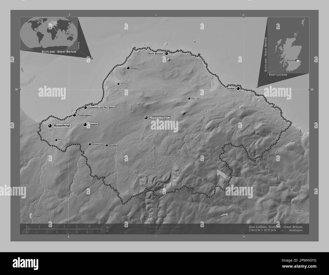 East Lothian, region of Scotland Great Britain. Grayscale elevation