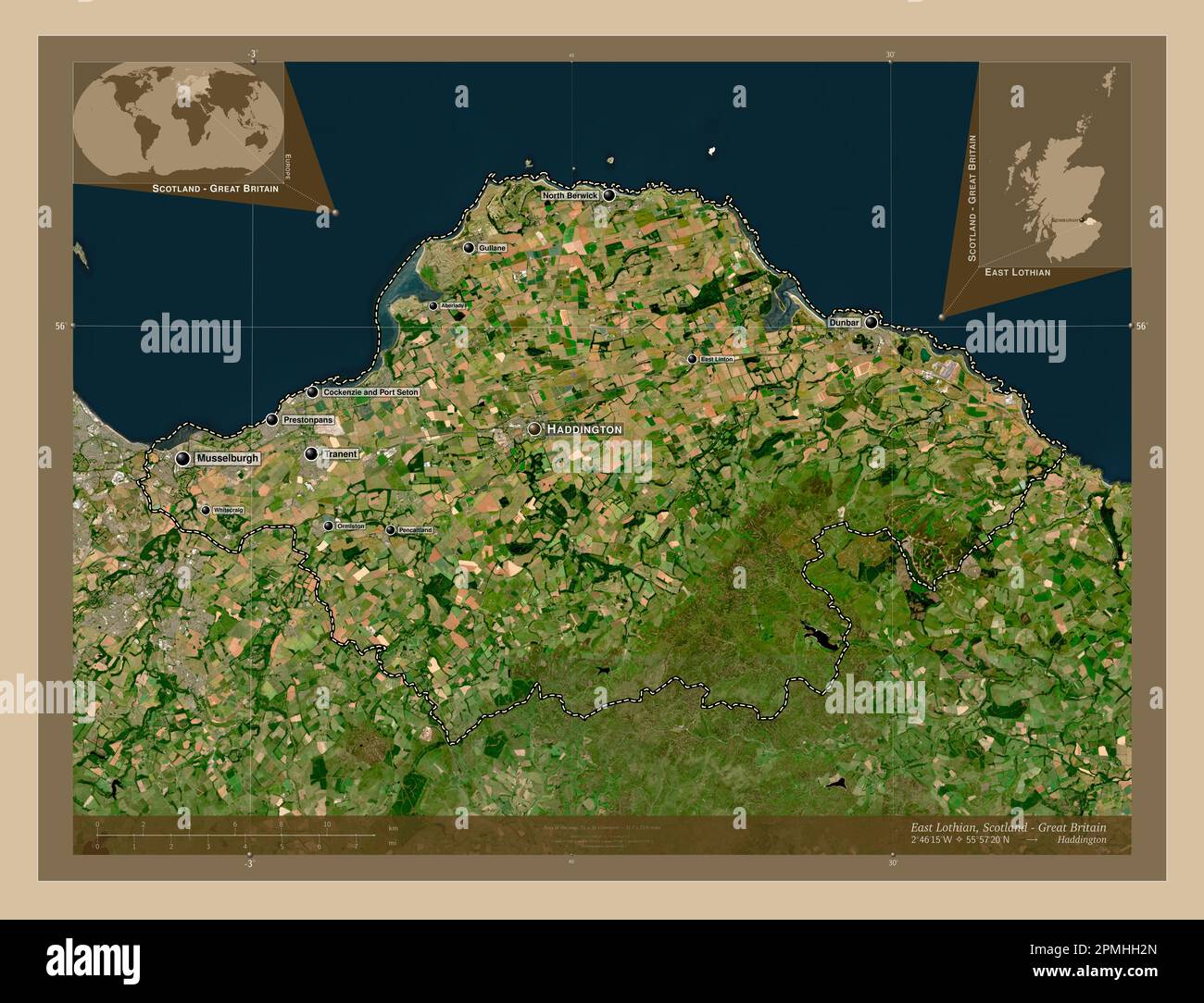 East Lothian, region of Scotland Great Britain. Low resolution satellite map. Locations and
