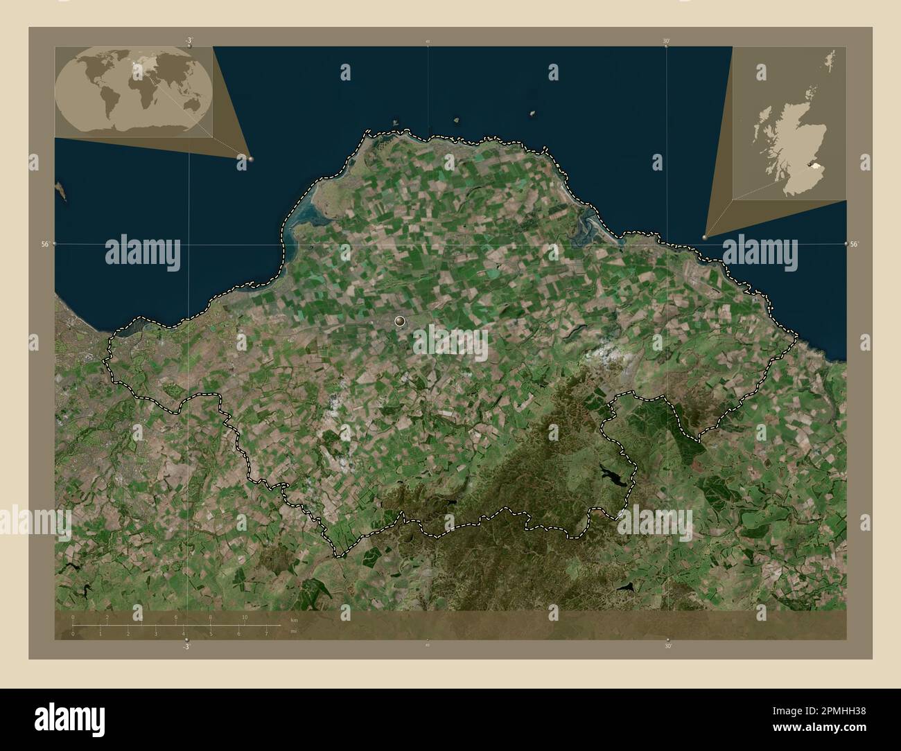 East Lothian, region of Scotland Great Britain. High resolution satellite map. Corner