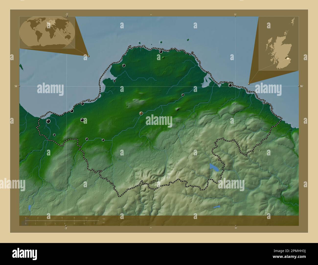 East Lothian, region of Scotland Great Britain. Colored elevation map with lakes and rivers