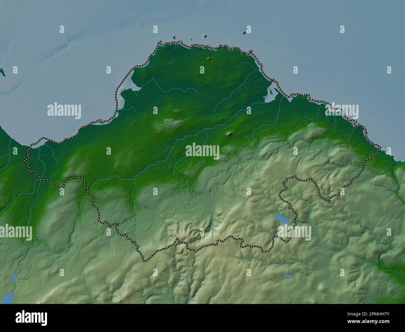 East Lothian, region of Scotland Great Britain. Colored elevation map with lakes and rivers