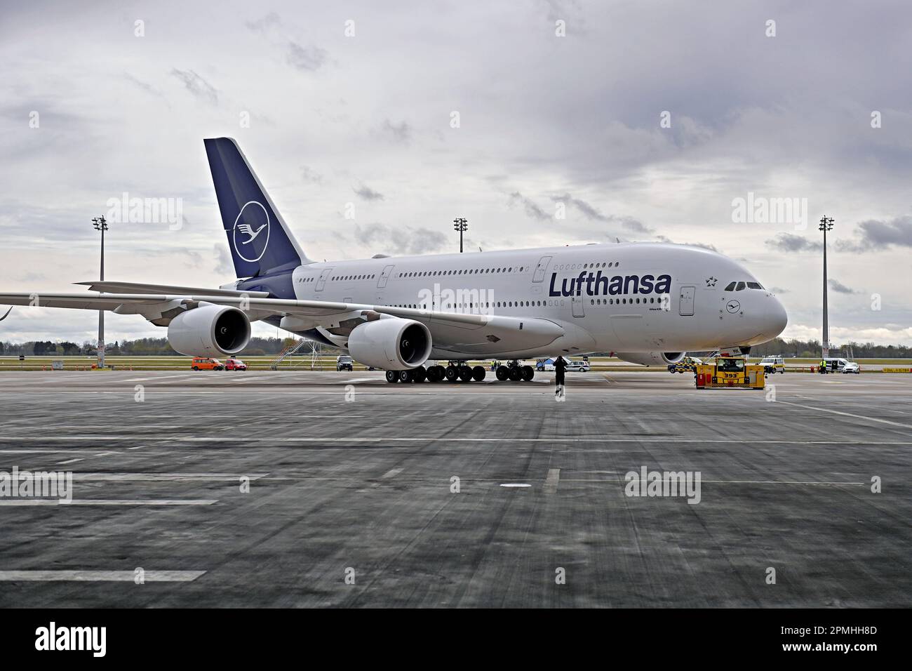 Lufthansa Airbus A380 long-haul aircraft will land again for the first time in Munich at Franz Josef Strauss Airport on April 12, 2023. A 380 after landing in front of the Lufthansa Technik hangar. ? Stock Photo