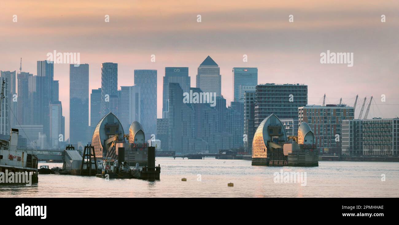 Canary wharf, Docklands, and the Thames Barrier, London, England, United Kingdom, Europe Stock Photo