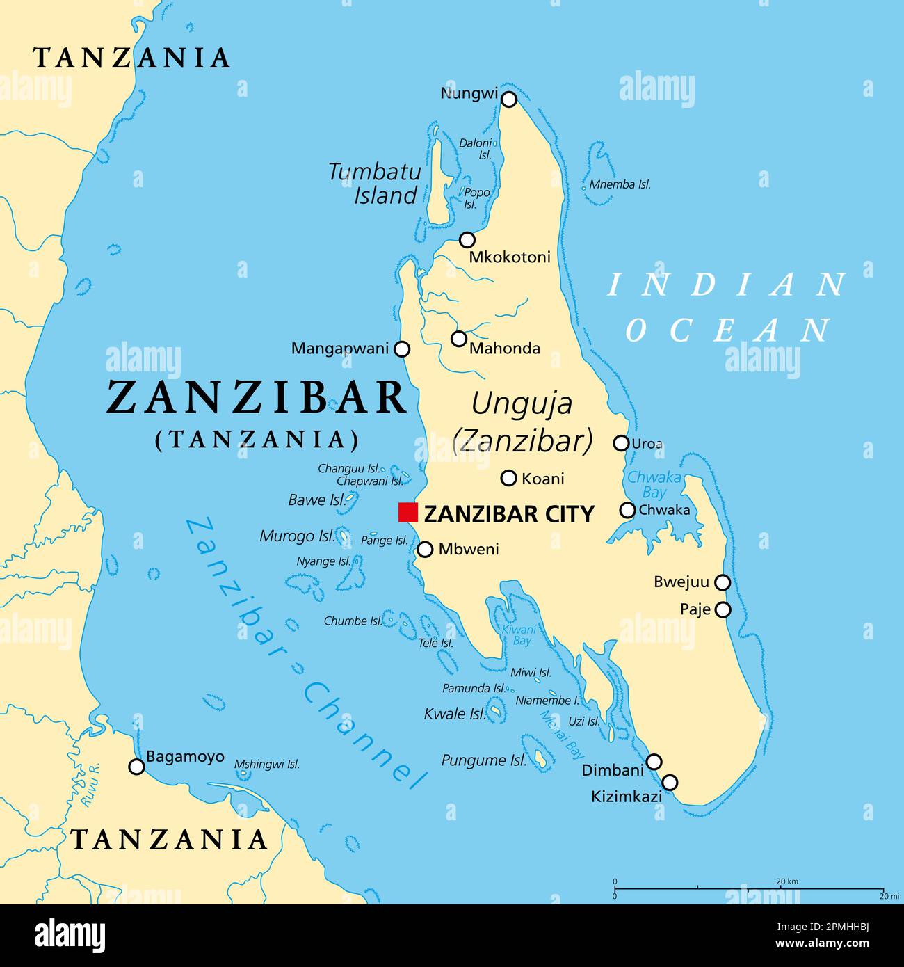 Zanzibar Island, Unguja, Tanzania, political map. Largest, most populated island of the Zanzibar Archipelago, in the Indian Ocean. Stock Photo