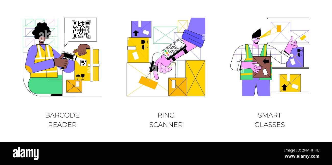 warehouse devices isolated cartoon vector illustrations set worker scans goods with barcode reader checking goods with ring scanner managing inventory using smart glasses vector cartoon 2PMHHHE