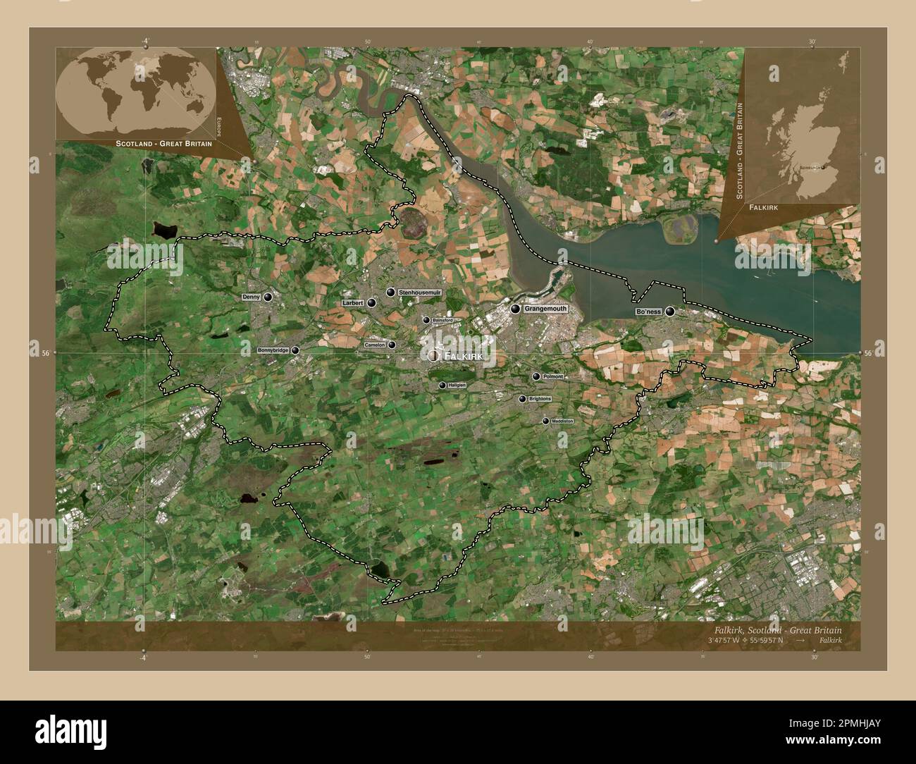 Falkirk, region of Scotland - Great Britain. Low resolution satellite map. Locations and names of major cities of the region. Corner auxiliary locatio Stock Photo