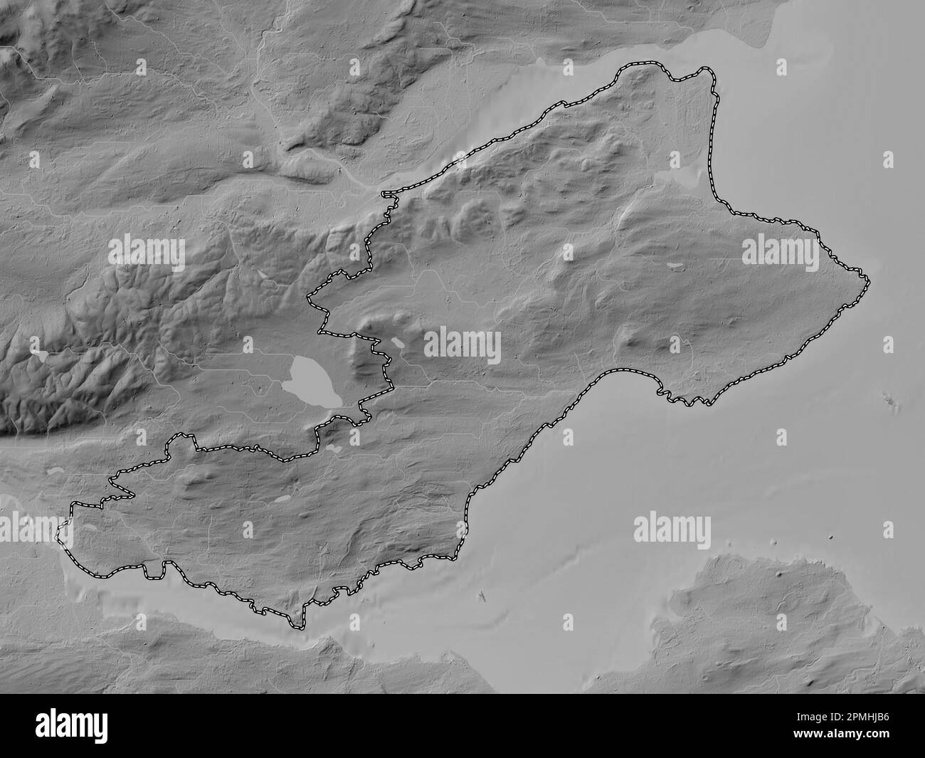 Fife, region of Scotland Great Britain. Grayscale elevation map with lakes and rivers Stock