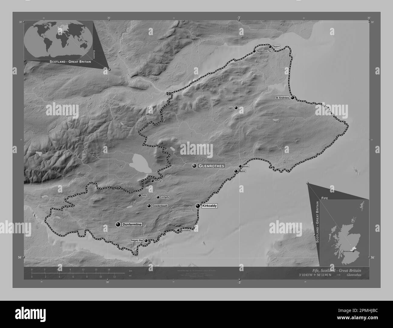 Fife, region of Scotland Great Britain. Grayscale elevation map with lakes and rivers