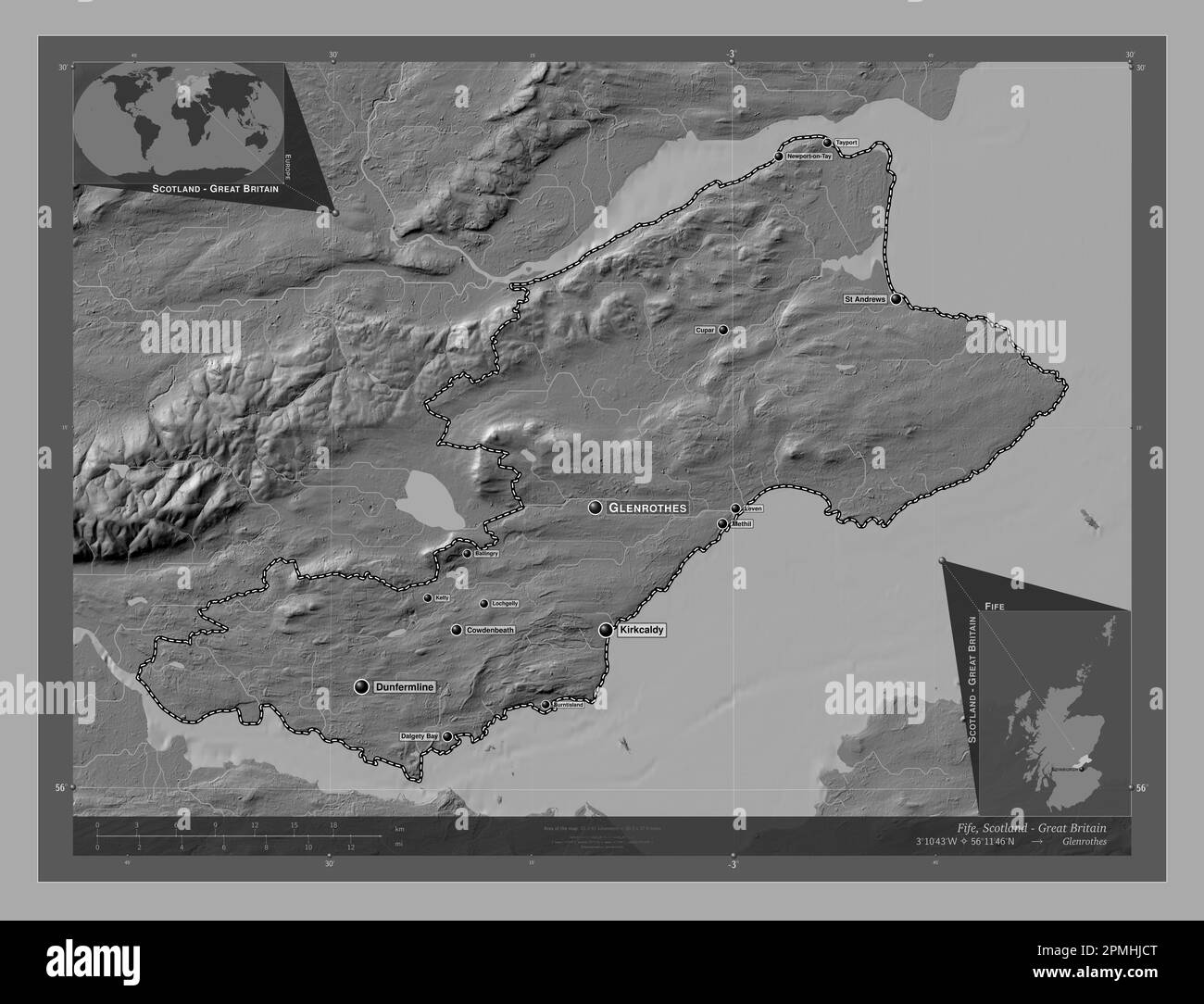 Fife, region of Scotland Great Britain. Bilevel elevation map with lakes and rivers. Locations
