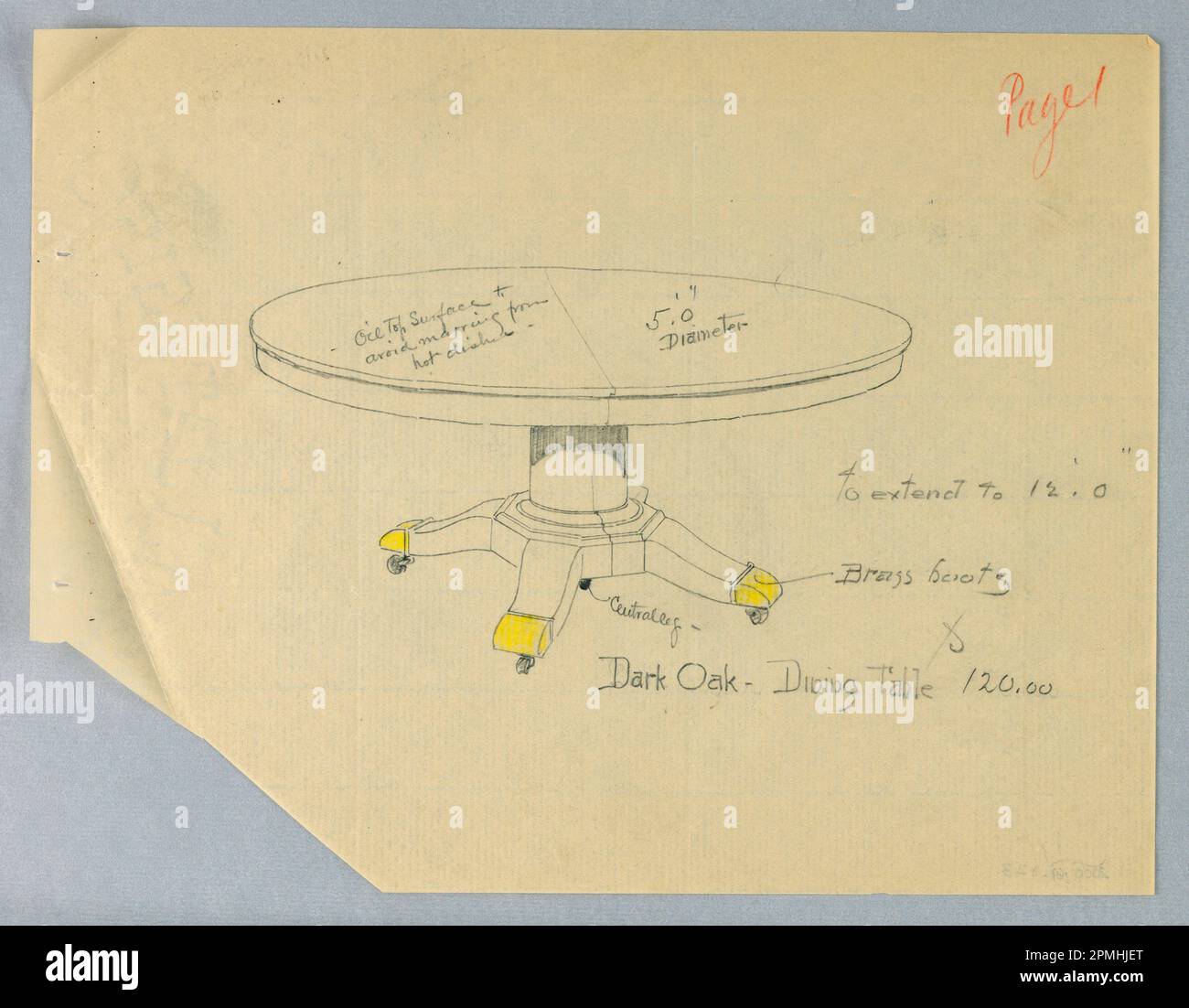 Drawing, Design for a Five-Legged Dark Oak Dining Table; Designed by A ...