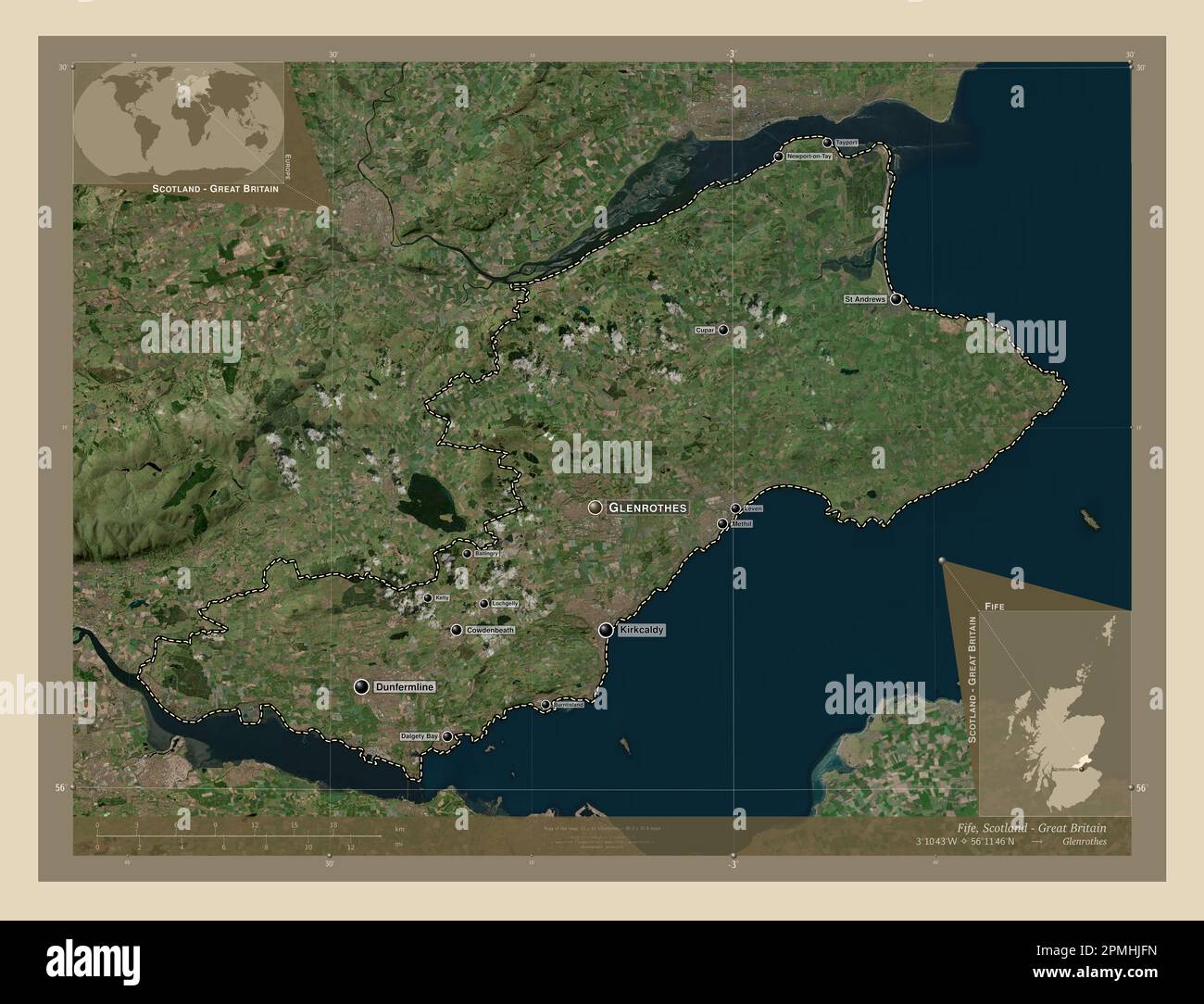 Fife, region of Scotland Great Britain. High resolution satellite map