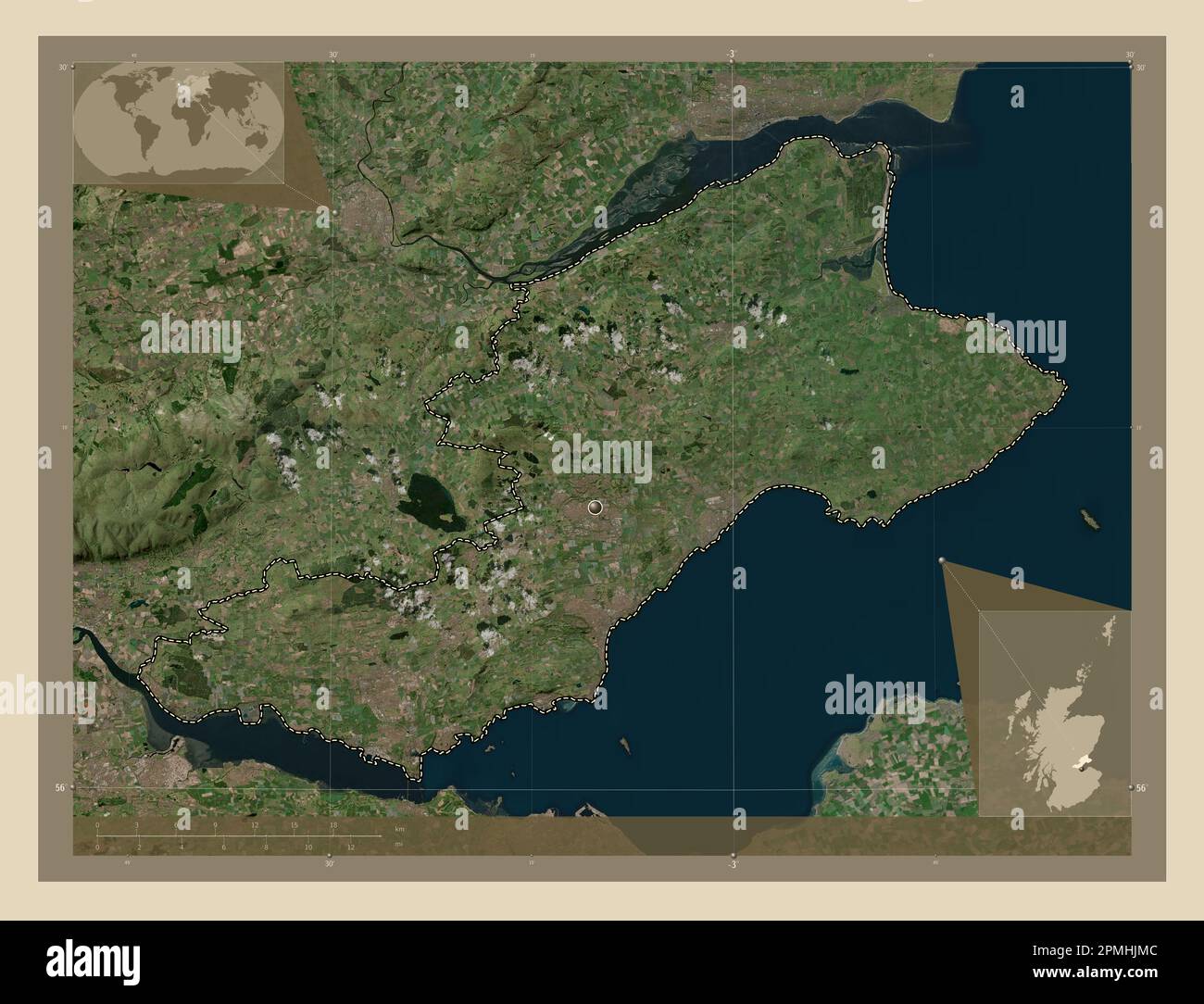 Fife, region of Scotland - Great Britain. High resolution satellite map. Corner auxiliary ...