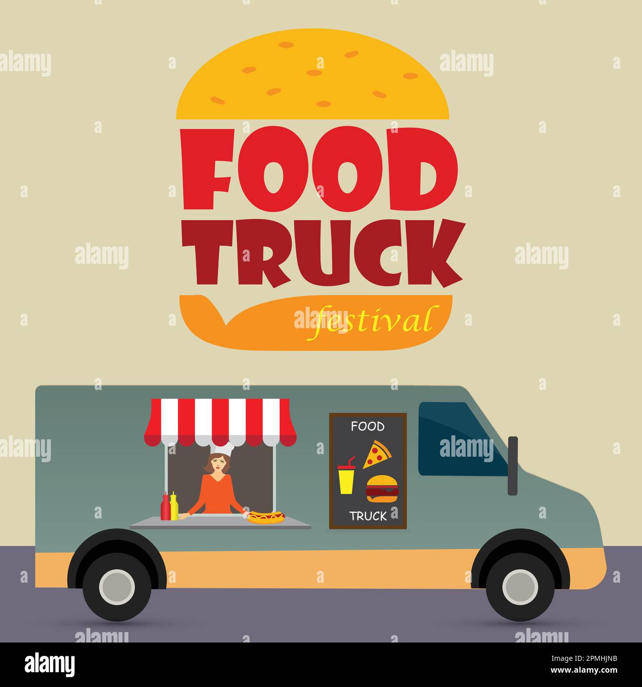 Food truck festival text and a woman in a food truck selling pizza