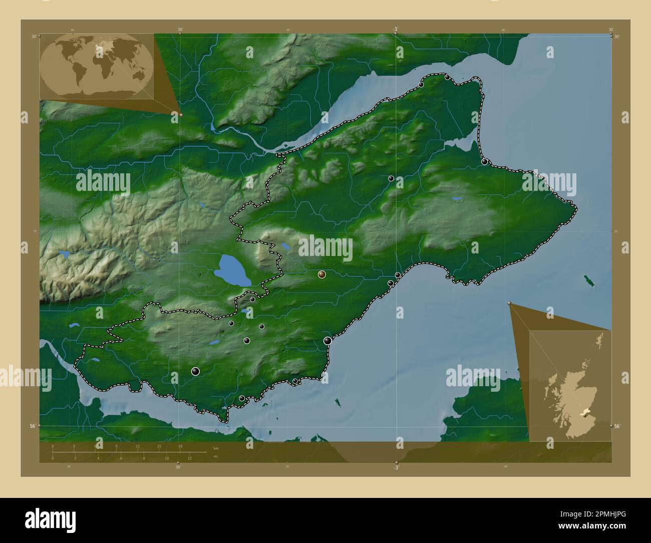 Fife, region of Scotland Great Britain. Colored elevation map with