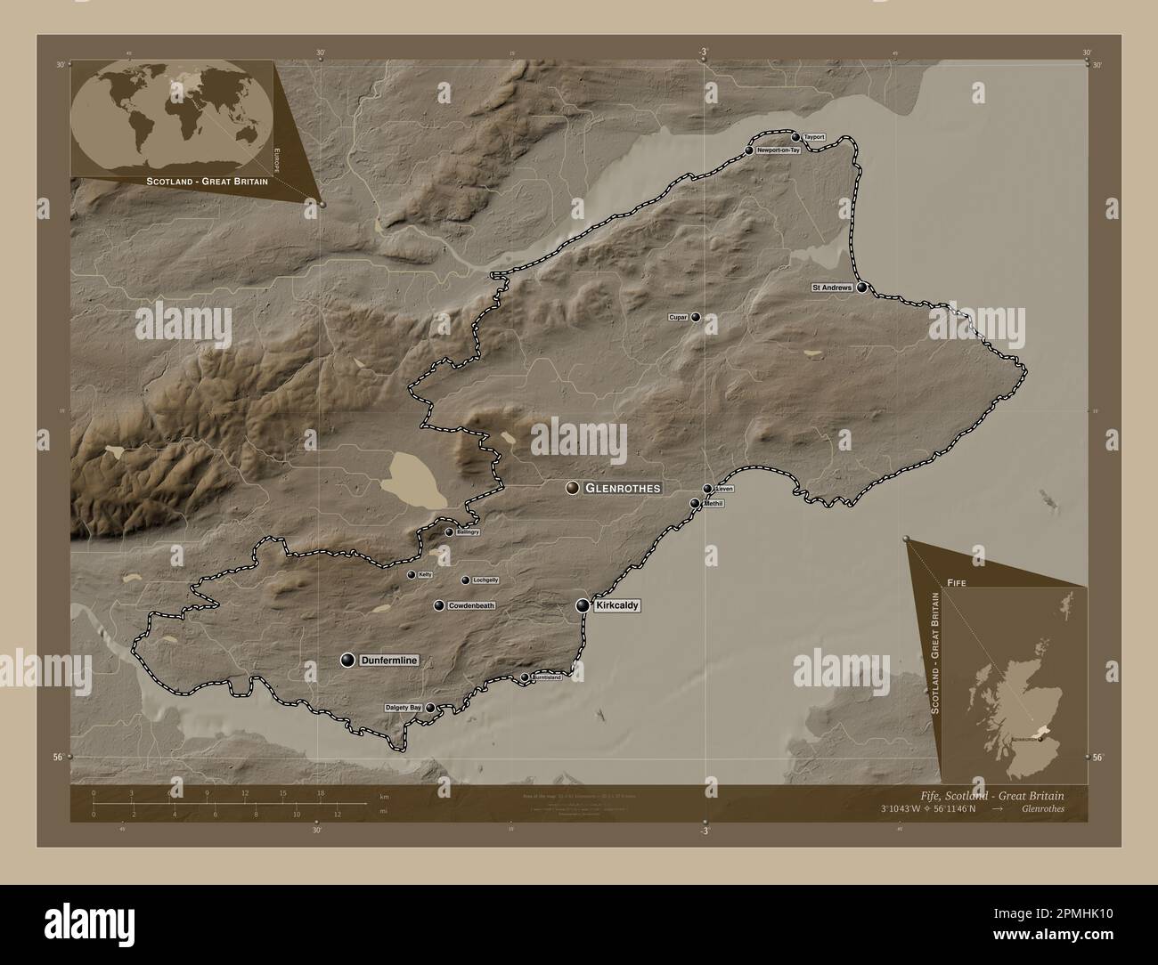 Fife, region of Scotland - Great Britain. Elevation map colored in sepia tones with lakes and rivers. Locations and names of major cities of the regio Stock Photo