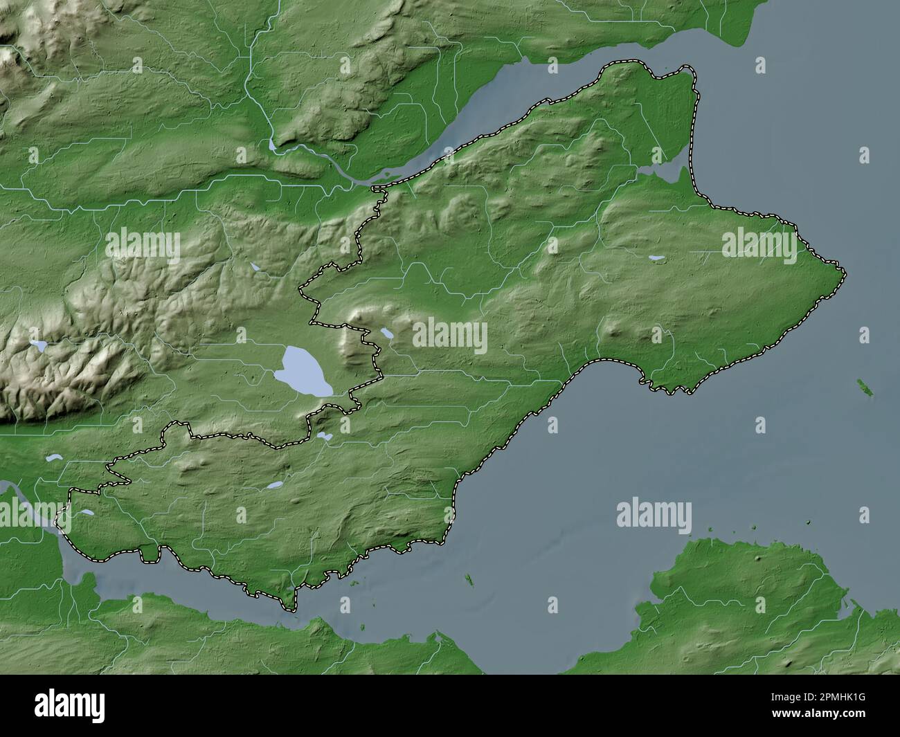 Fife, region of Scotland Great Britain. Elevation map colored in wiki style with lakes and