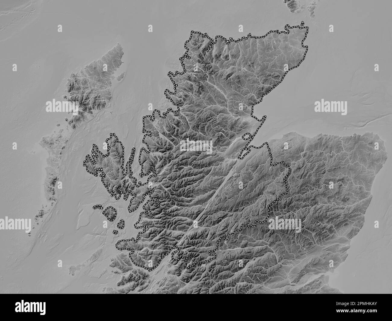 Highland, region of Scotland Great Britain. Grayscale elevation map