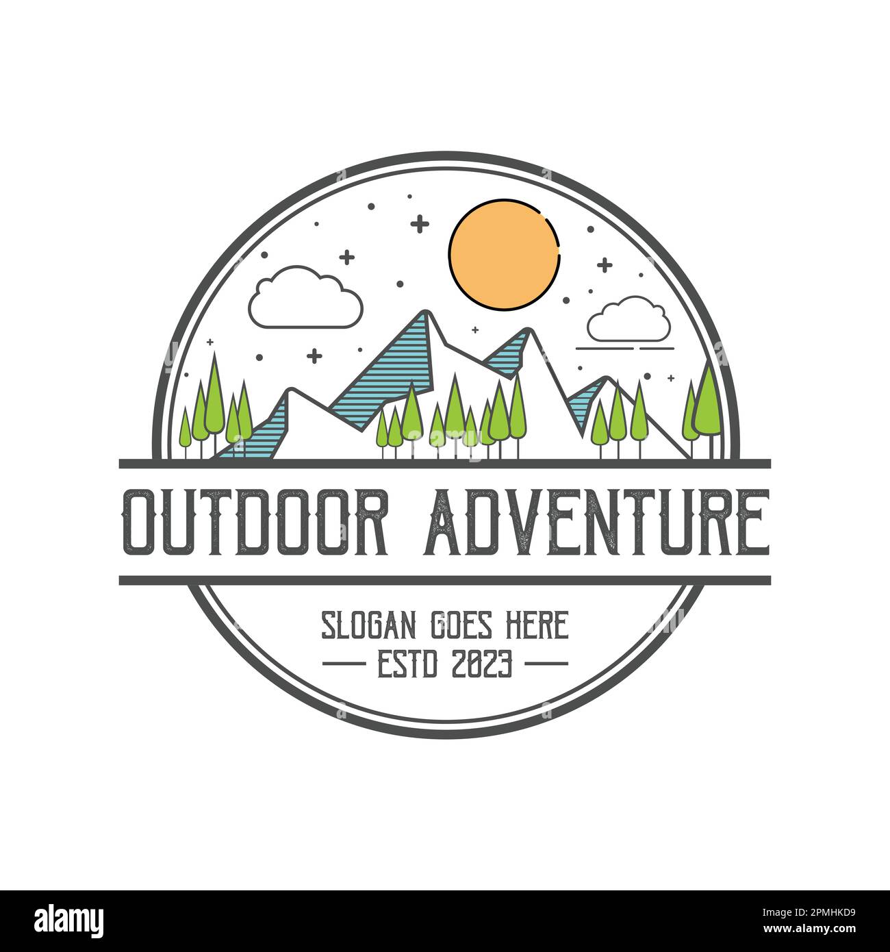 Line art adventure logo template vector eps 10. Vintage simple logo design. Outdoor adventure line art scene, hiking landscape. Stock vector badge. Stock Vector