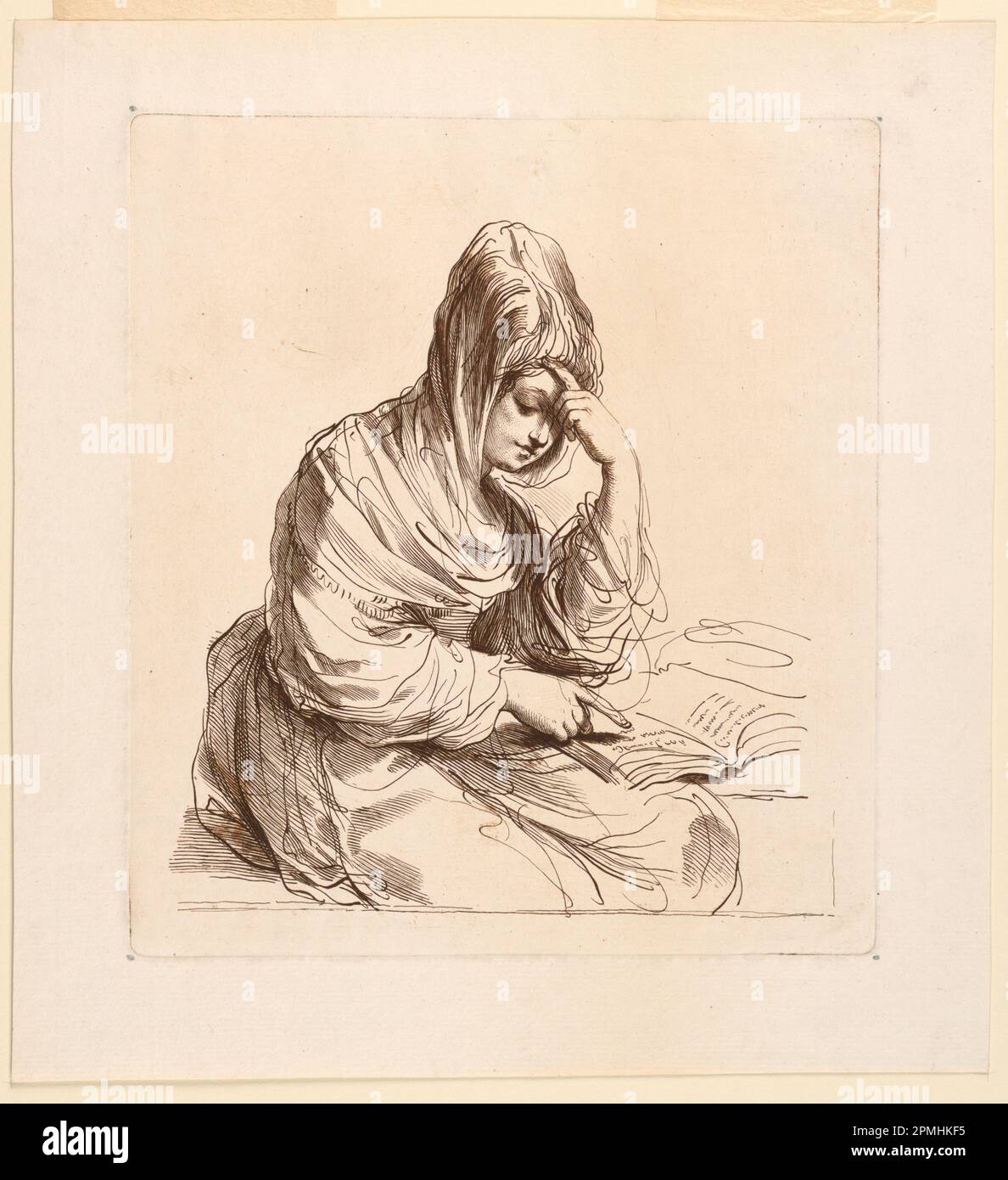 Print, Woman Studying, ca. 1760–1770; Print Maker: Francesco Bartolozzi (Italian, 1727–1815); After Giovanni Francesco Barbieri (called Guercino) (Italian, 1591 – 1666); Italy; engraving in brown ink on white paper; 26.4 × 23.6 cm (10 3/8 × 9 5/16 in.); Bequest of George Campbell Cooper; 1896-3-270 Stock Photo