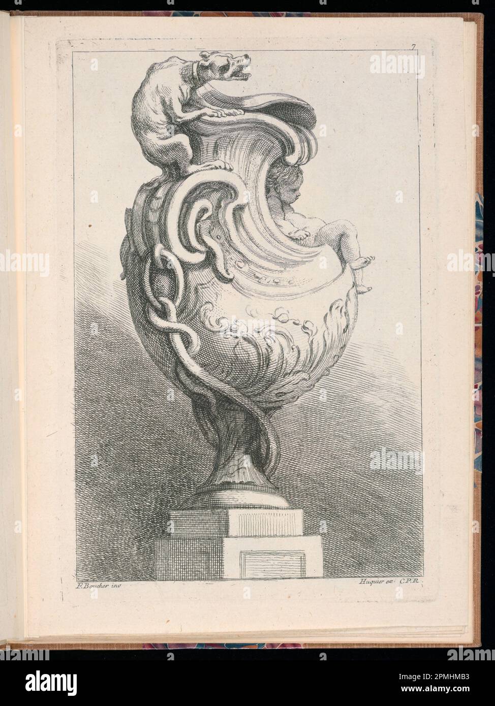 Bound Print, Ornamental Vase Design; Designed by François Boucher (French, 1703–1770); Print Maker: Gabriel Huquier (French, 1695–1772); Published by Chez Le Pere et Avaulez; France; etching on cream laid paper Stock Photo