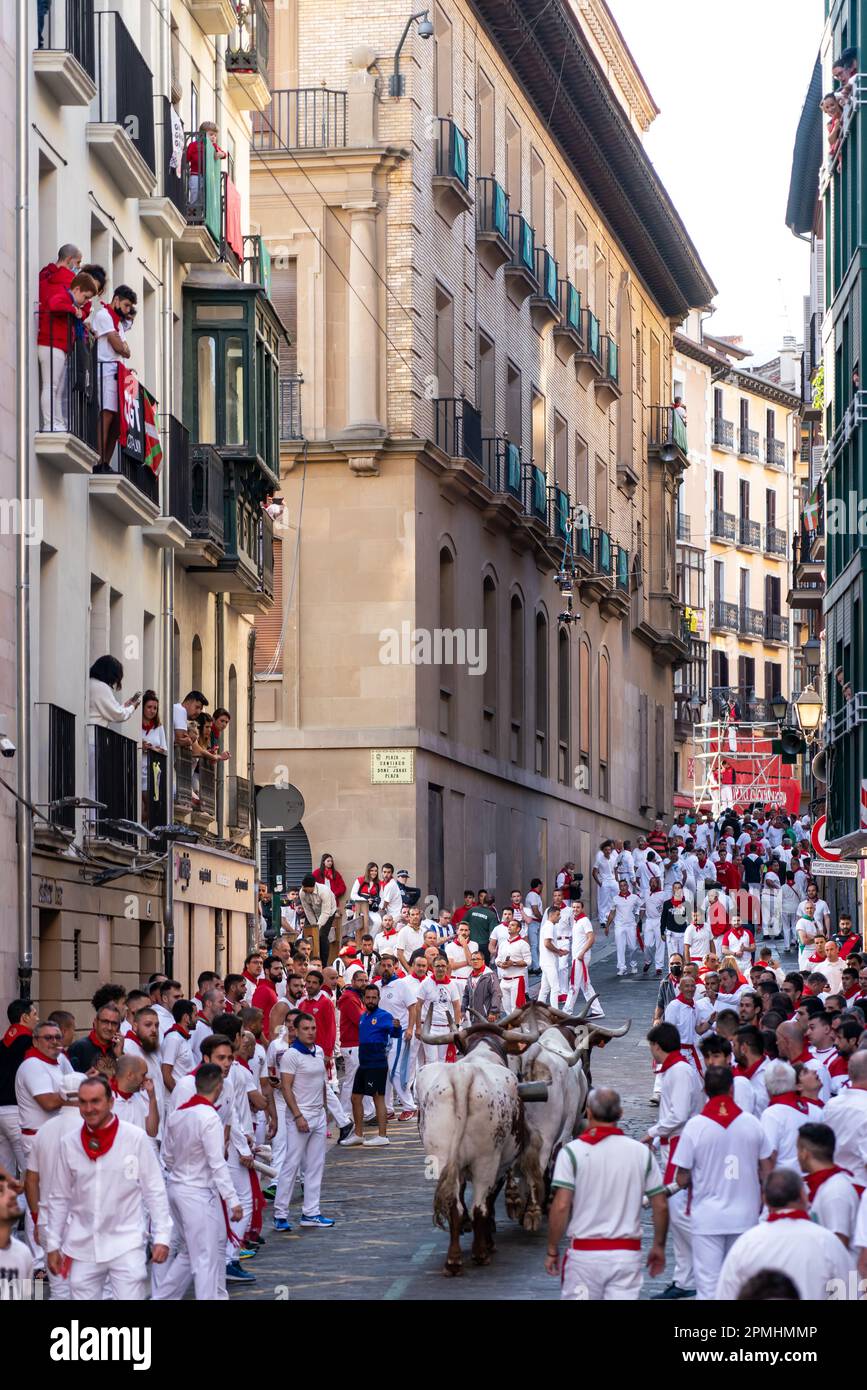 Thousands of people gathered on the streets of Pamplona. First day of 'Encierro' of SAN FERMIN Stock Photo