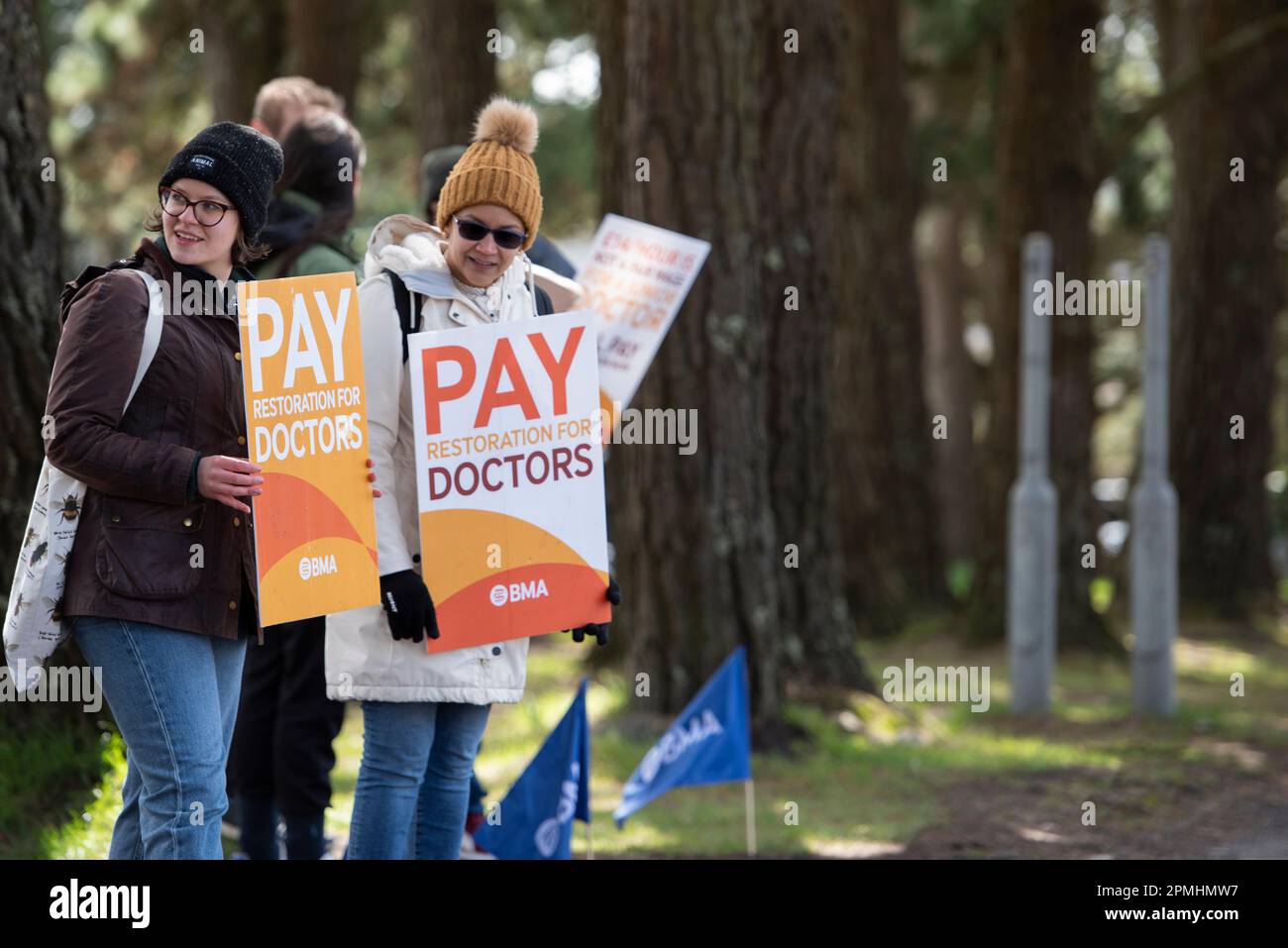 Truro, UK. 13th Apr, 2023. Junior Doctors stand on a Picket Line outside The Royal Cornwall Hospital, Truro holding Placards stating ‘Pay Junior Doctors' during the demonstration. This is as Junior Doctors stage a 4 day strike over pay and work conditions at the NHS. (Photo by Benjamin Gilbert/SOPA Images/Sipa USA) Credit: Sipa USA/Alamy Live News Stock Photo