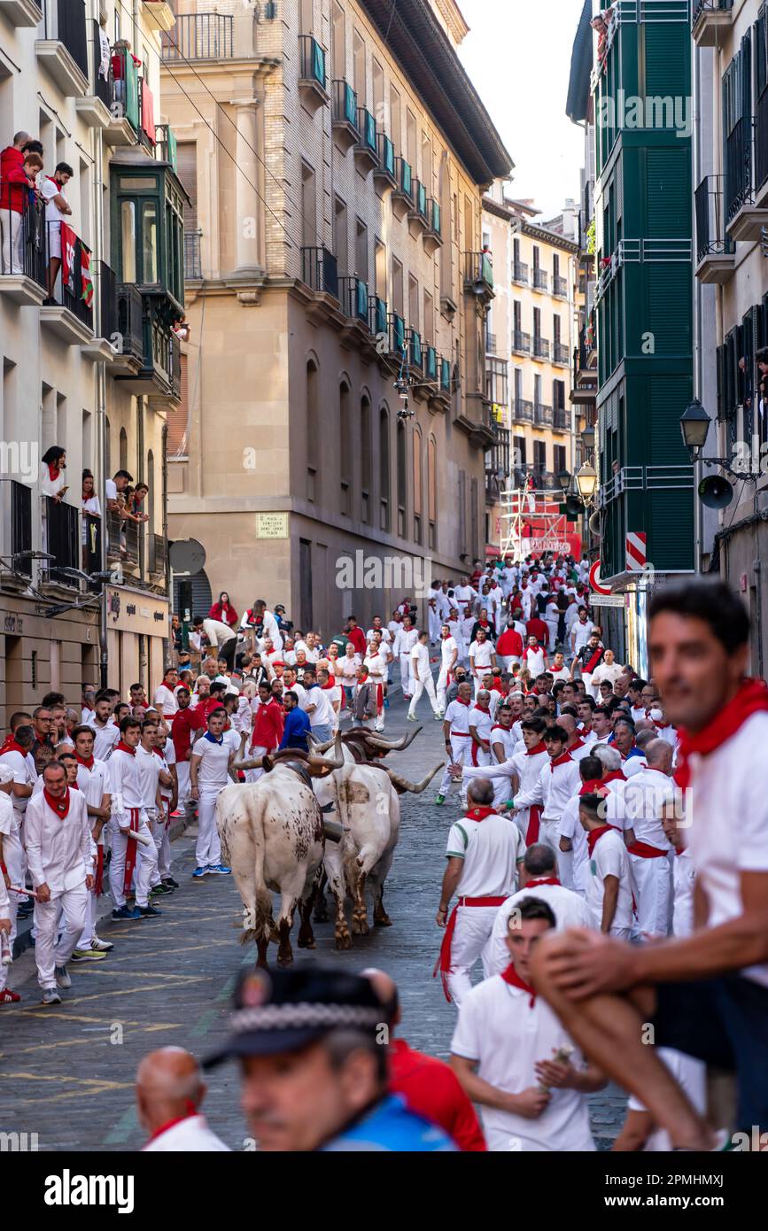 Thousands of people gathered on the streets of Pamplona. First day of 'Encierro' of SAN FERMIN Stock Photo