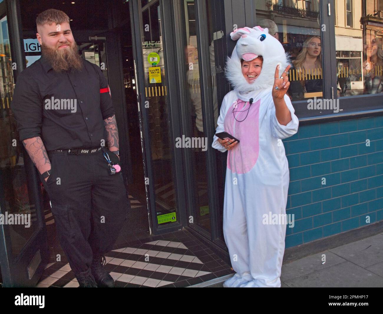 The Easter bunny outside a bar in Brighton, England Stock Photo