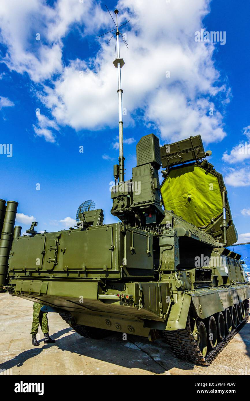 Multi-channel missile guidance station 9S32ME from the S-300VM Antey-2500 of the Russian Army at the exhibition in Zhukovsky Stock Photo