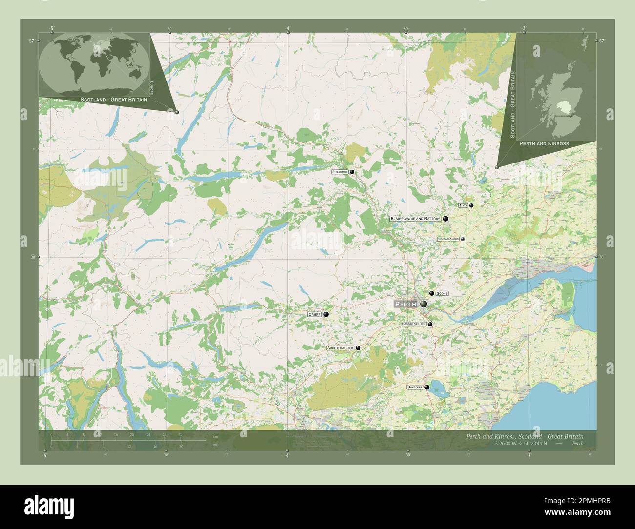 Perth and Kinross, region of Scotland Great Britain. Open Street Map. Locations and names of