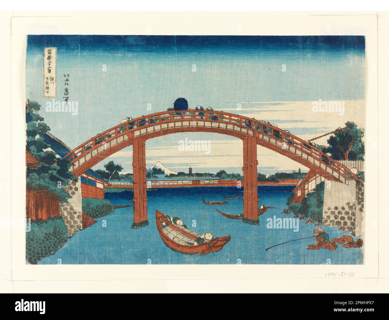 Woodblock Print, Under Mannen Bridge at Fukagawa,(Fukagawa Manne-bashi no shita) from Thirty-Six Views of Fuji; Japan; woodblock print (ukiyo-e) on mulberry paper (washi); Mat: 35.5 x 45.9 cm (14 in. x 18 1/16 in.) 25.5 x 37.5 cm (10 1/16 x 14 3/4 in.) Stock Photo
