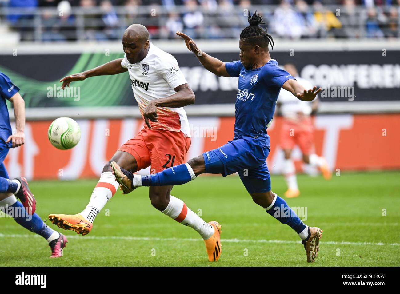 Gent, Belgium. 13th Apr, 2023. West Ham's Angelo Ogbonna and Gent's