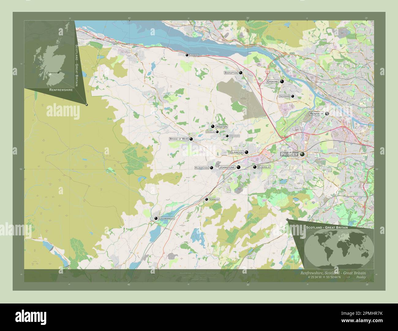 Renfrewshire, region of Scotland - Great Britain. Open Street Map. Locations and names of major cities of the region. Corner auxiliary location maps Stock Photo