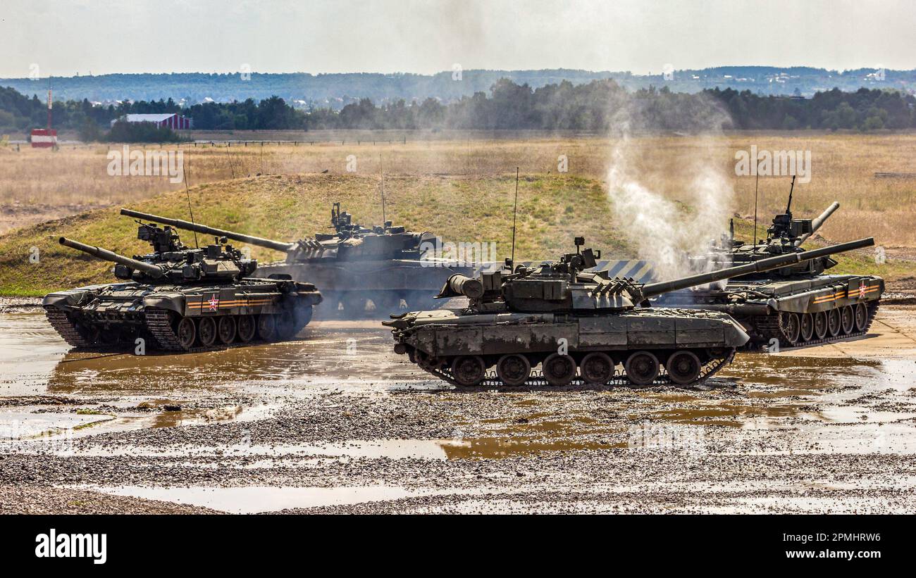 The main battle tanks of the Russian army at the training ground at