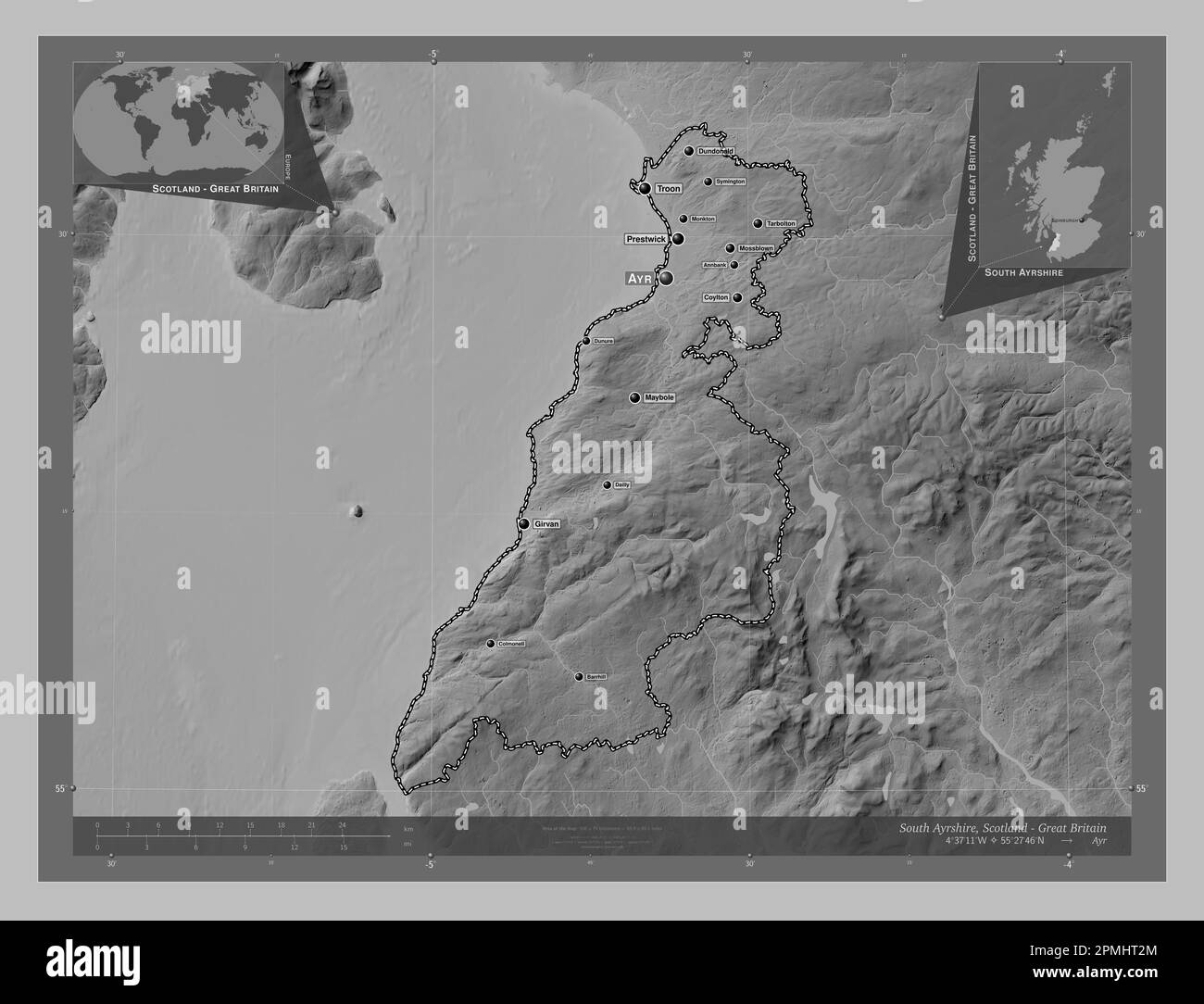 South Ayrshire, region of Scotland Great Britain. Grayscale elevation