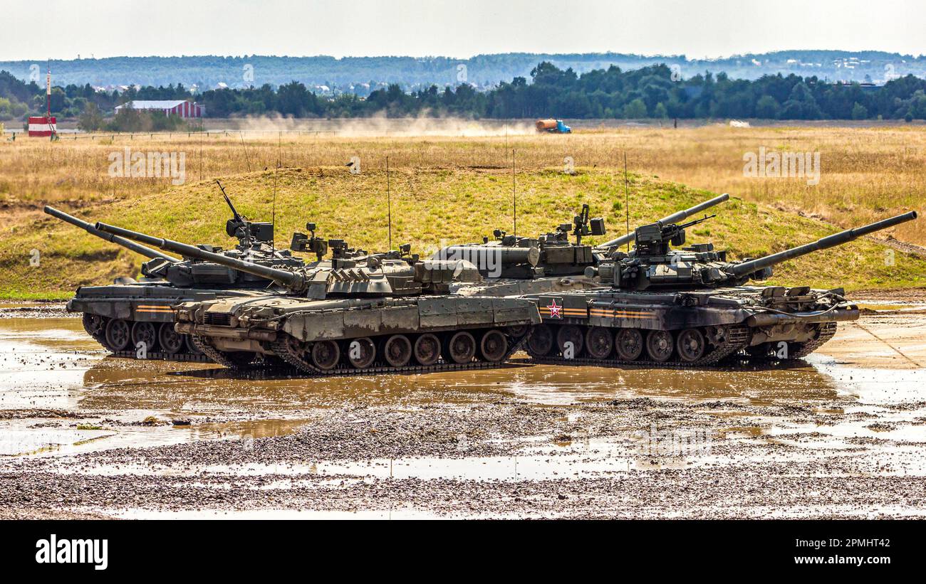 The main battle tanks of the Russian army at the training ground at